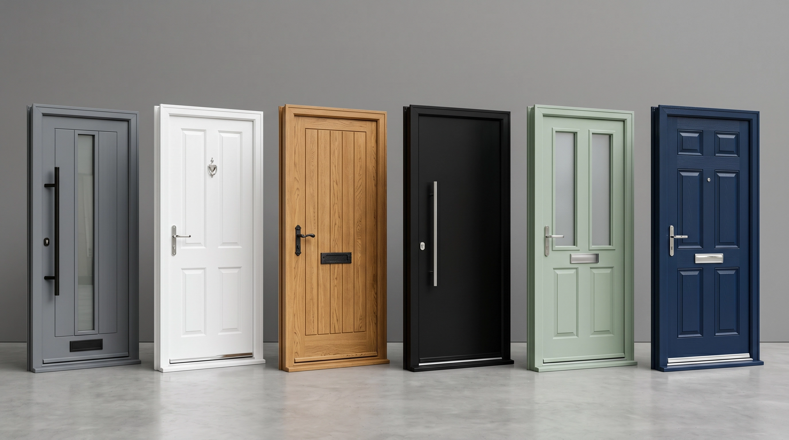 Range of composite front door styles in anthracite, white, oak, black, sage green and navy