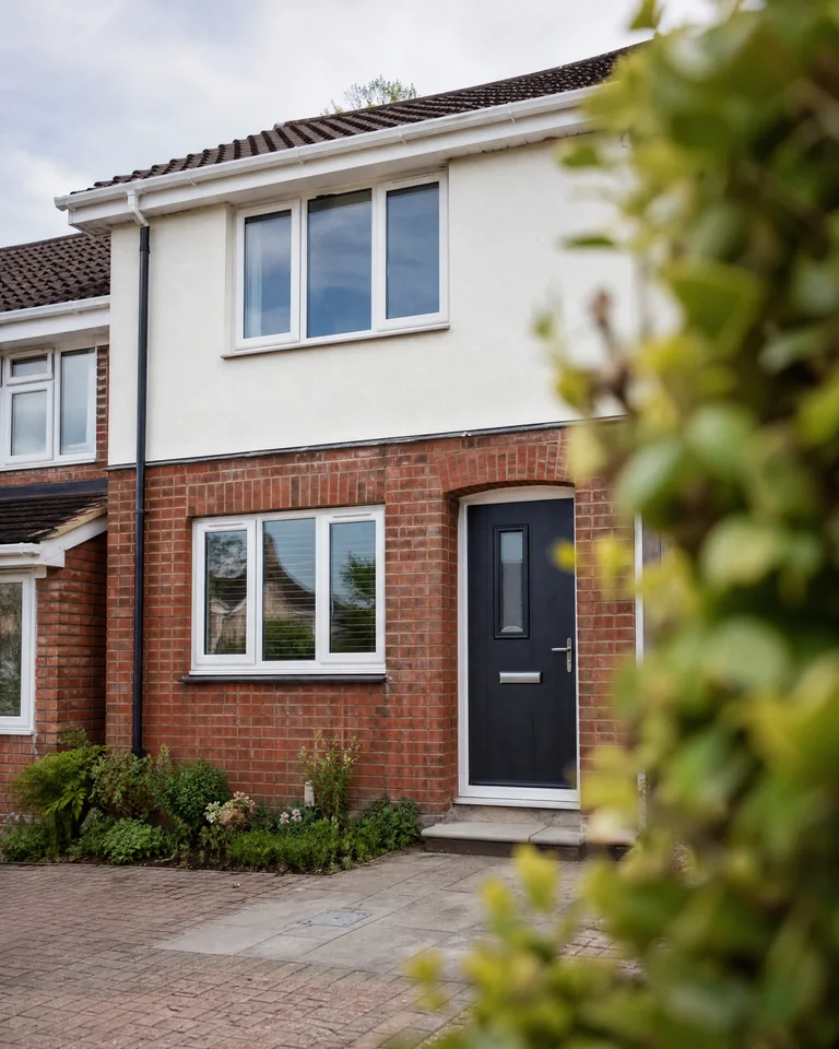 Fully finished UK home with white windows and a dark composite front door