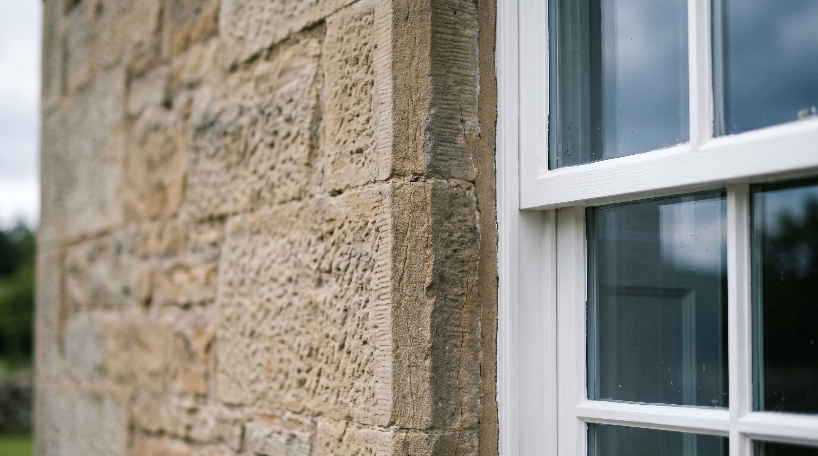 Close-up of a traditional timber sash window with divided glazing bars set into heritage stonework