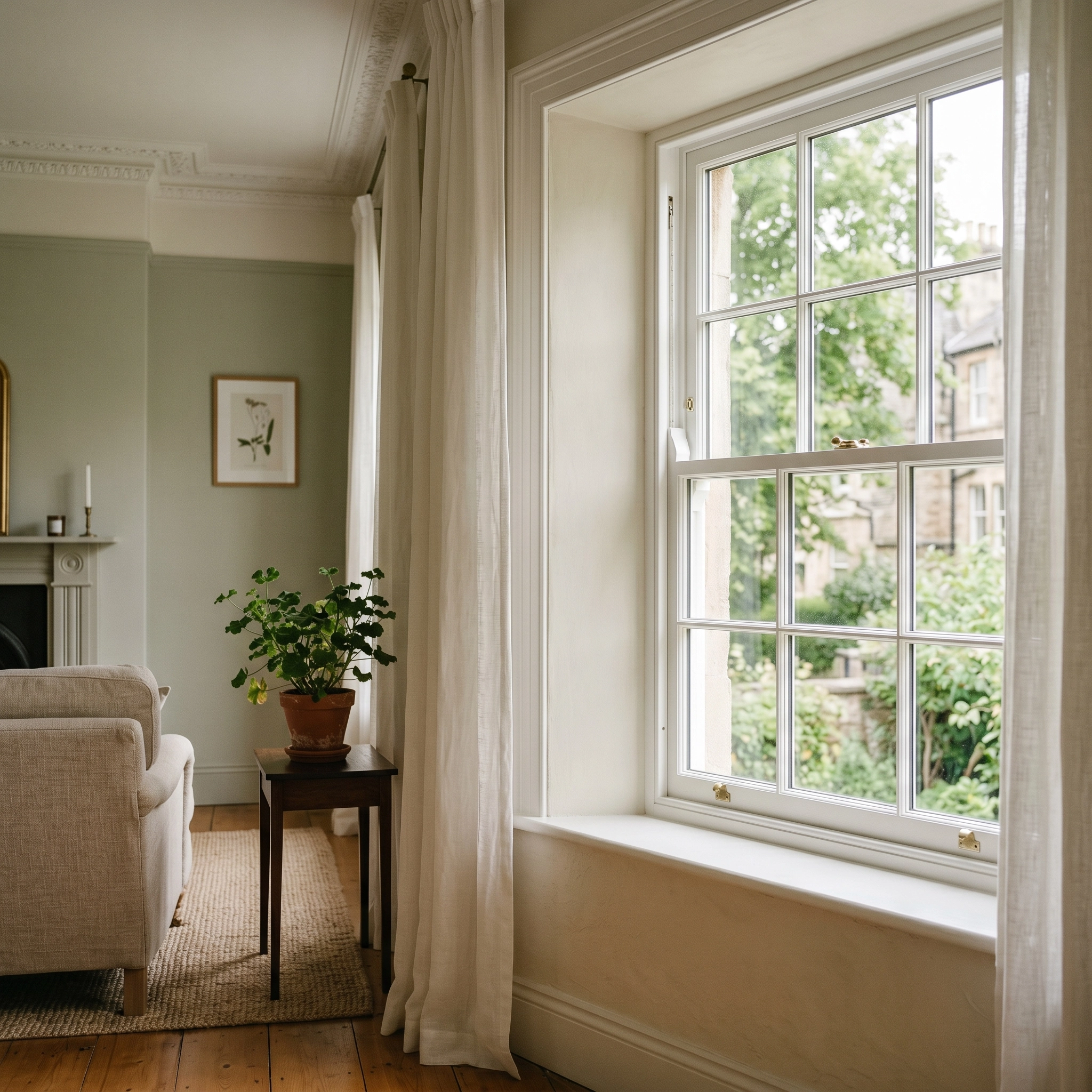Interior view of a newly installed period sash window in a UK home