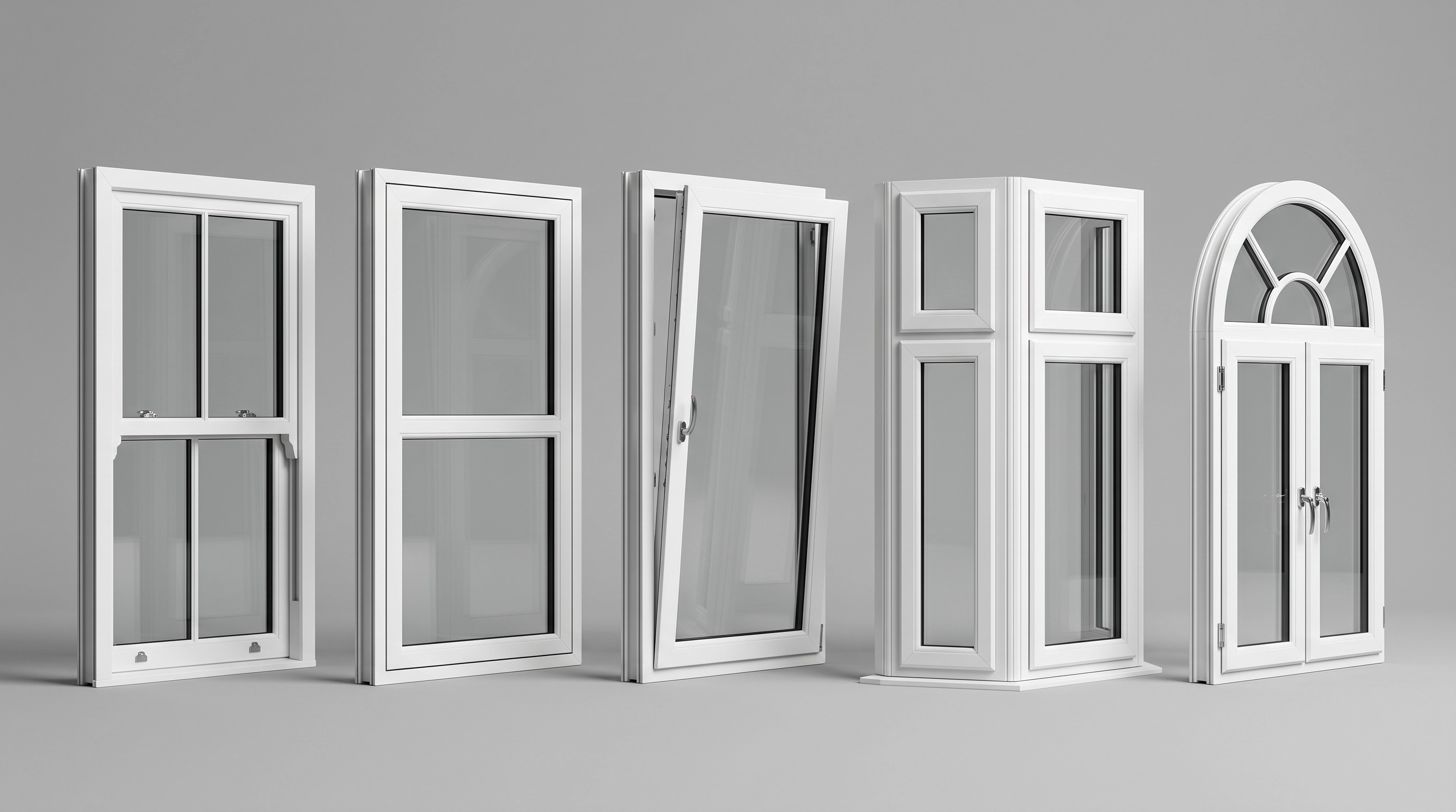 Range of PVC-U window styles — sliding sash, casement, tilt-and-turn, bay and arched
